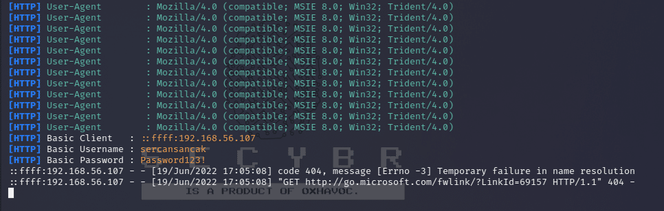 Captured credentials via plaintext.