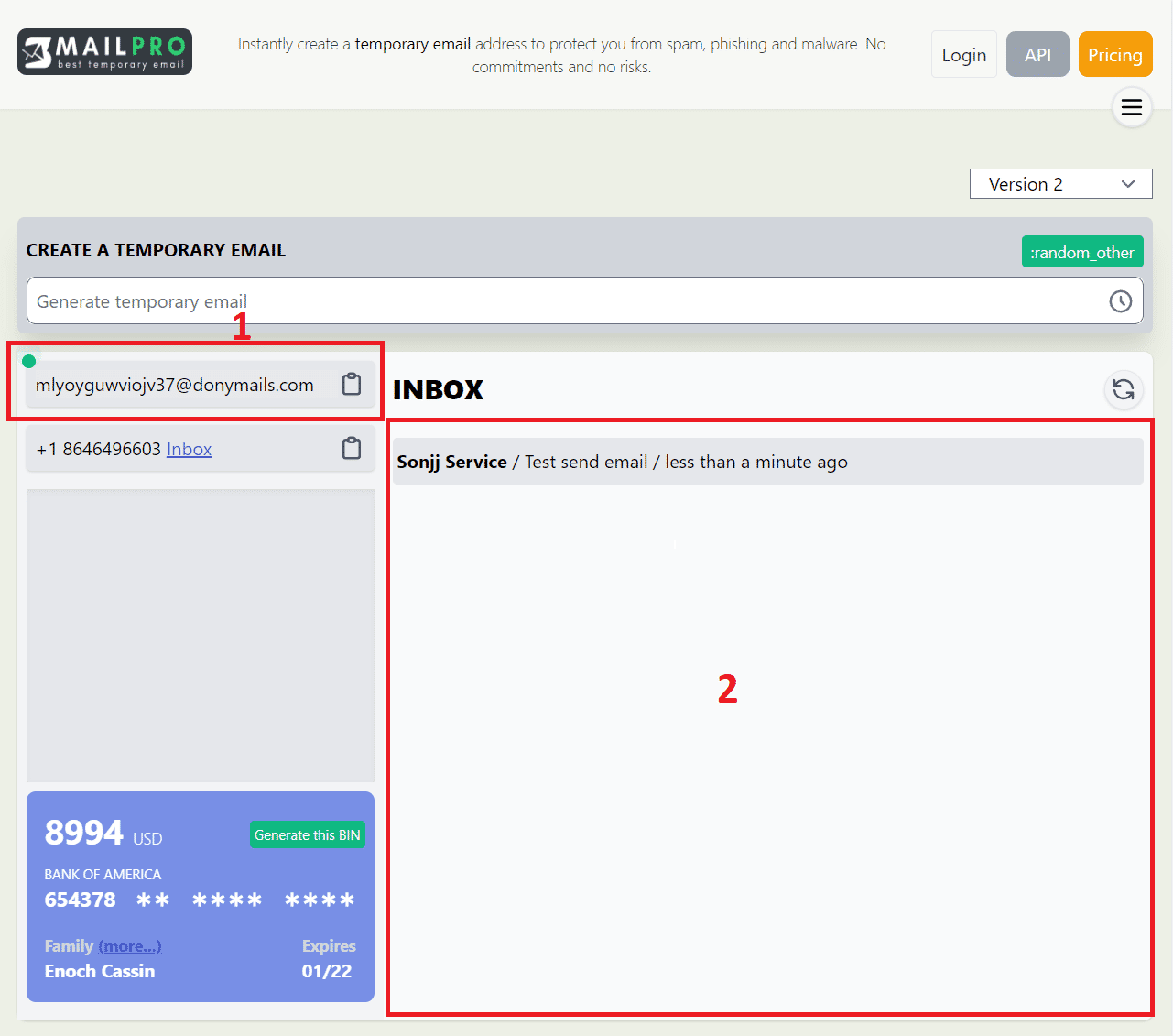 Temporary email address generator tool interface